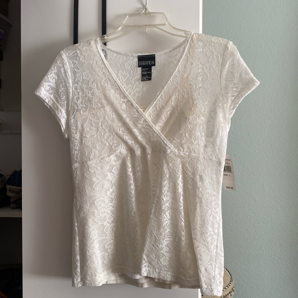 Two piece pullover top.white strap stretch cami with white stretch blouse top